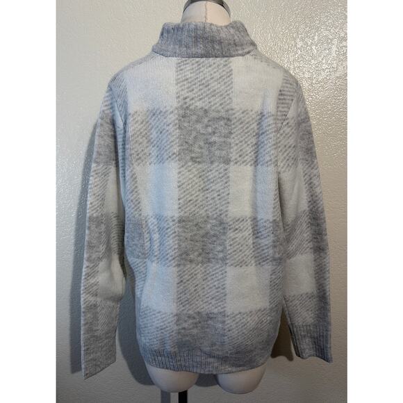 Craft & Barrow Women Checkered Long Sleeve Sweater Quarter Zip White Gray PL - Picture 3 of 10